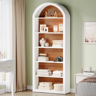 Floor-to-ceiling open display white arched bookshelf
